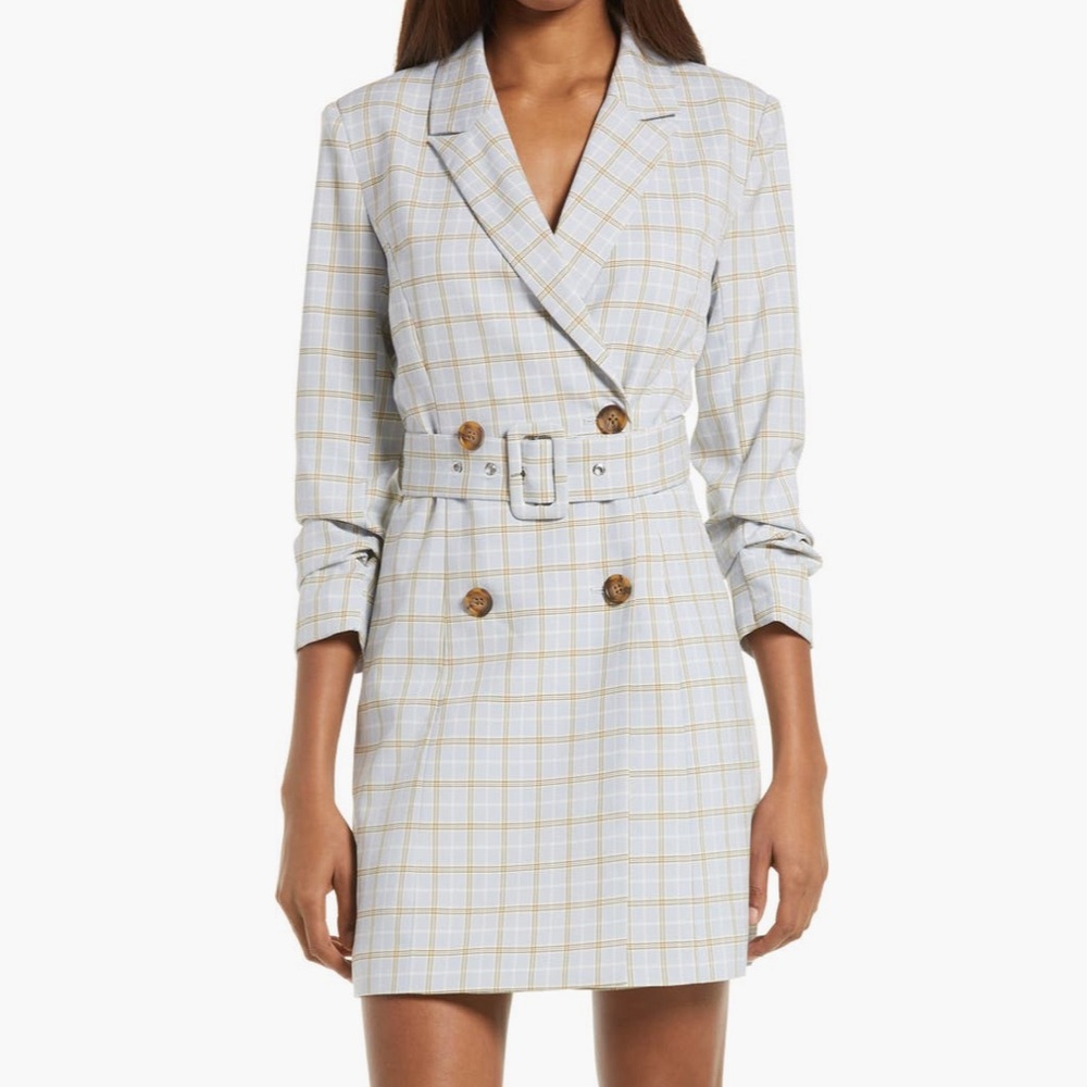 Adelyn Rae Windowpane Check Blazer Minidress Plaid Mini Dress Light Blue XS